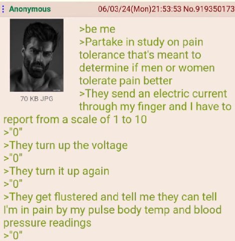 Anonymous 06/03/24(Mon)21:53:53 No.919350173 >be me >Partake in study on pain tolerance that's meant to determine if men or women tolerate pain better 70 JPG >They send an electric current through my 