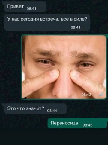 Привет У нас сегодня встреча, все в силе? 08:41 Это что значит? Переносица