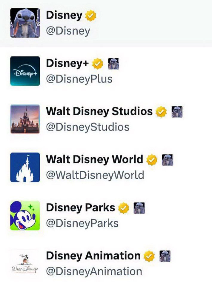 Disney @Disney @DisneyPlus Walt Disney Studios @DisneyStudios Walt Disney World 9 @WaltDisneyWorld Disney Parks @DisneyParks Disney Animation