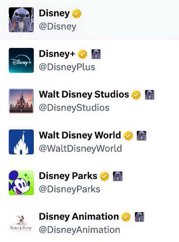 Disney @Disney @DisneyPlus Walt Disney Studios @DisneyStudios Walt Disney World 9 @WaltDisneyWorld Disney Parks @DisneyParks Disney Animation