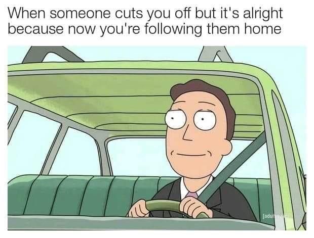 When someone cuts you off but it's alright because now you're following them home