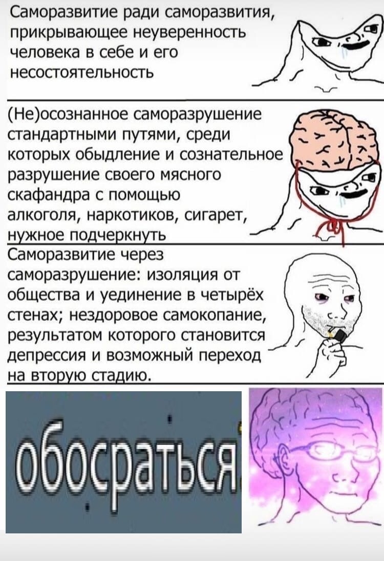 Саморазвитие ради саморазвития, прикрывающее неуверенность человека в себе и его несостоятельность (Не)осознанное саморазрушение стандартными путями, среди которых обыдление и сознательное разрушение 