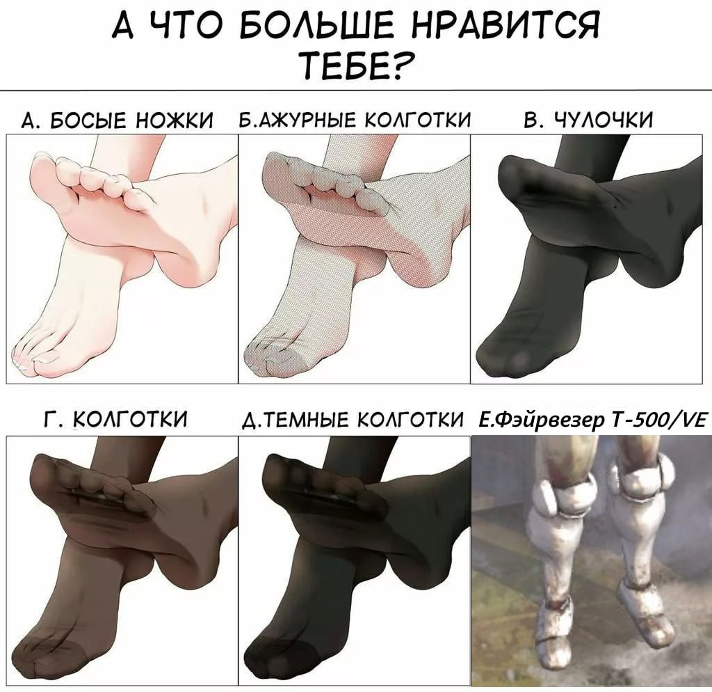 А ЧТО БОЛЬШЕ НРАВИТСЯ TEBE? В. ЧУЛОЧКИ А. БОСЫЕ НОЖКИ КОЛГОТКИ КОЛГОТКИ Д.ТЕМНЫЕ КОЛГОТКИ Е.Фэйрвезер T-500/VE