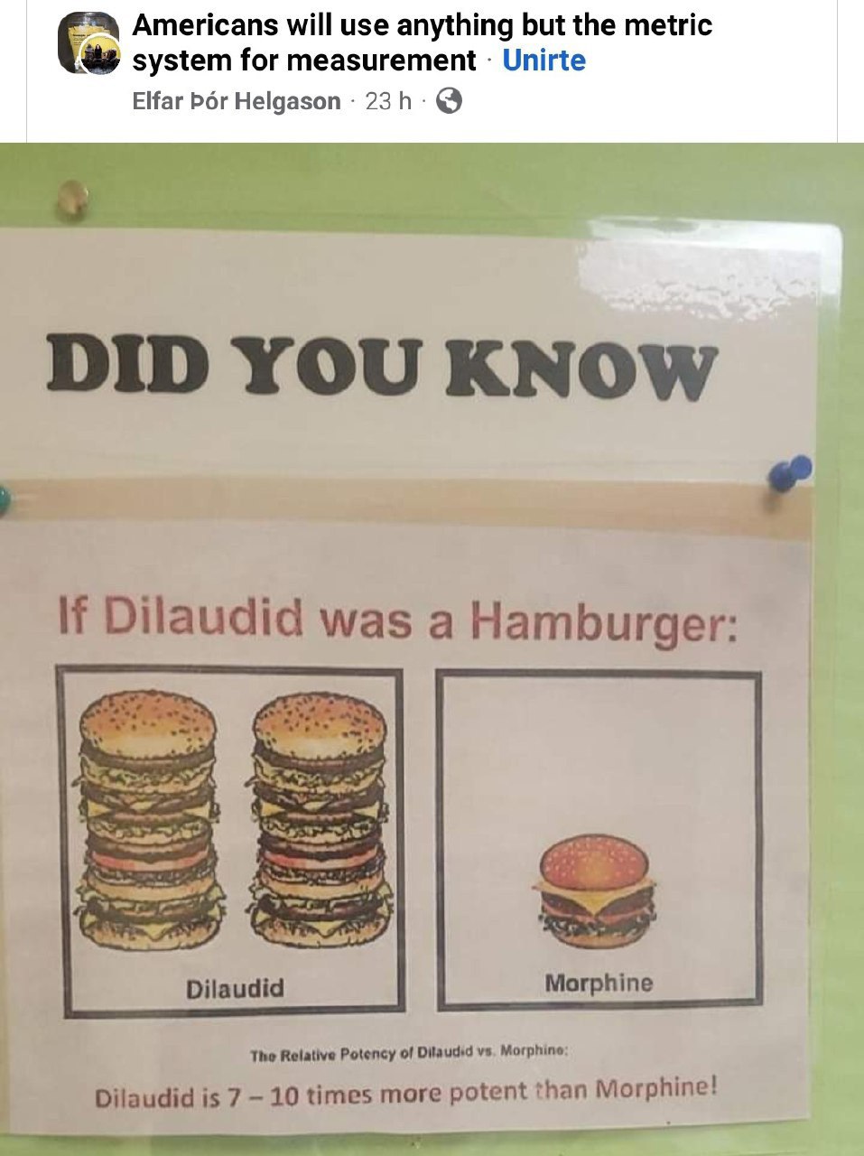 Americans will use anything but the metric system for measurement Unirte Elfar Рог Helgason DID YOU KNOW If Dilaudid was a Hamburger: Dilaudid Morphine ‘The Relative Potency of Morphine: Dilaudid is 7