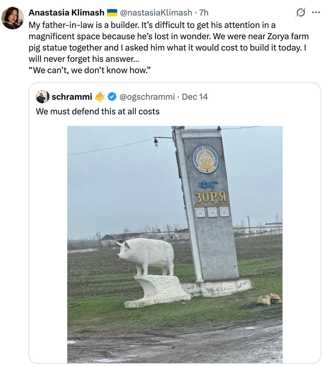 Anastasia Klimash @nastasiaKlimash My father-in-law is a builder. It’s difficult to get his attention in a magnificent space because he’s lost in wonder. We were near Zorya farm pig statue together an