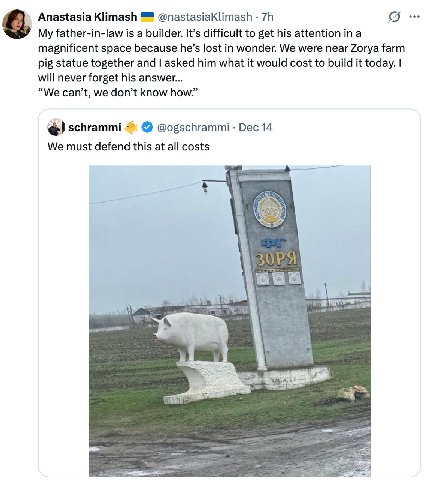 Anastasia Klimash @nastasiaKlimash My father-in-law is a builder. It’s difficult to get his attention in a magnificent space because he’s lost in wonder. We were near Zorya farm pig statue together an