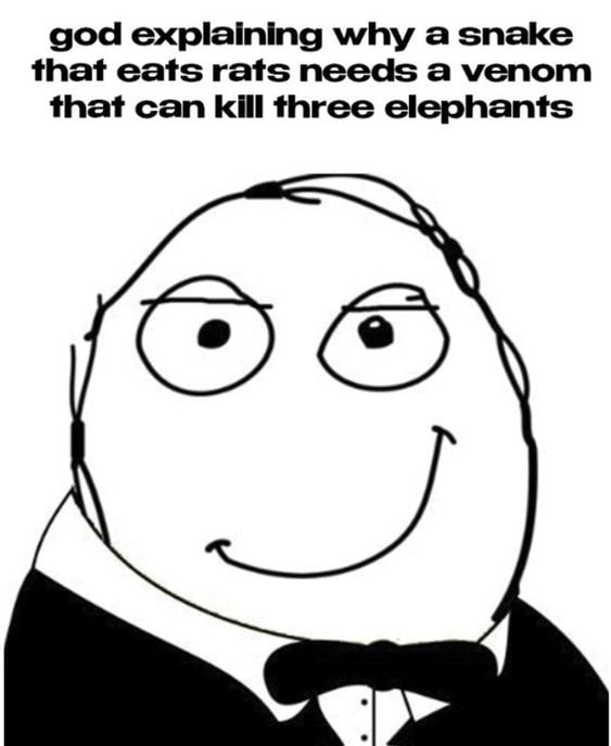 god explaining why а snake that eats rats needs a venom that can kill three elephants