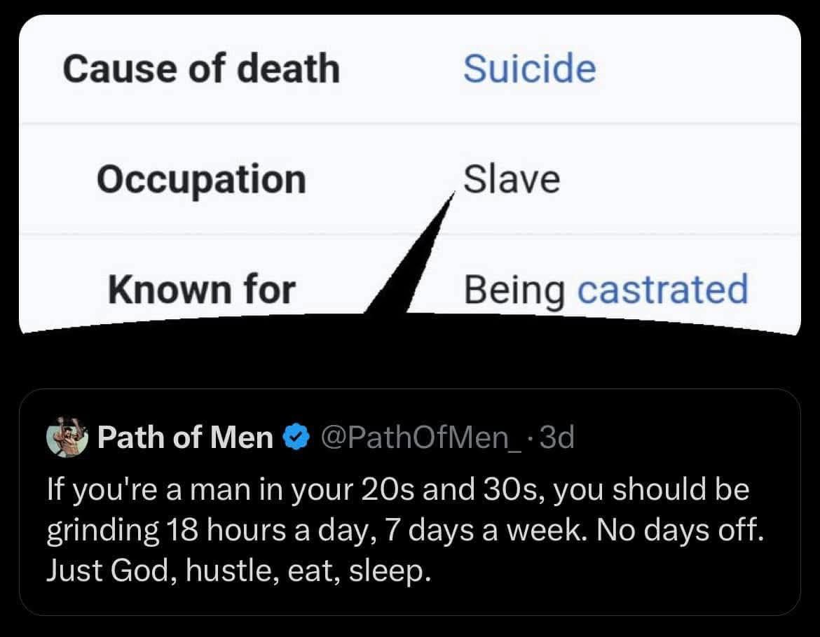 Cause of death Suicide Occupation Slave Known for Being castrated (5) Path of Men @Path OTMe If you're a man in your and you should be grinding 18 hours a day, 7 days a week. No days off Just God, hus
