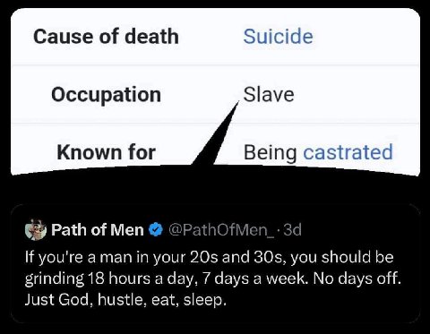 Cause of death Suicide Occupation Slave Known for Being castrated (5) Path of Men @Path OTMe If you're a man in your and you should be grinding 18 hours a day, 7 days a week. No days off Just God, hus