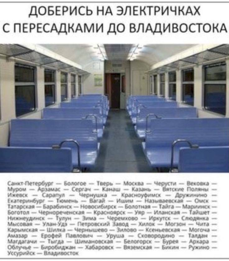 ДОБЕРИСЬ НА ЭЛЕКТРИЧКАХ С ПЕРЕСАДКАМИ ДО ВЛАДИВОСТОКА 1 Санкт-Петербург Бологое Тверь Москва Черусти Муром Сергач Канаш Вятские Поляны Ижебск Сарапул Красноуфимск Ишим кая Омск Татарская Барабинск Бол