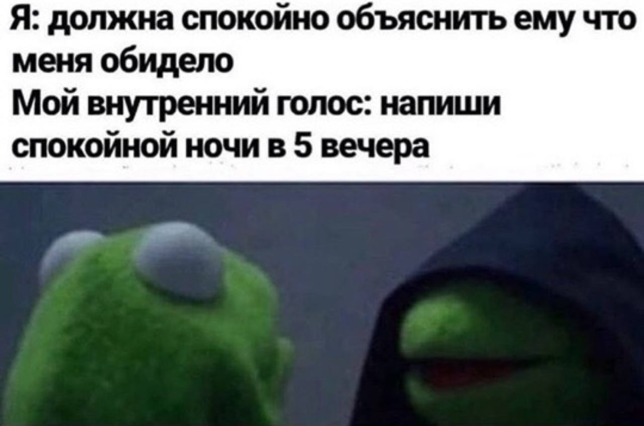 Я: должна спокойно объяснить ему что меня обидело Мой внутренний голос: напиши спокойной ночи в 5 вечера