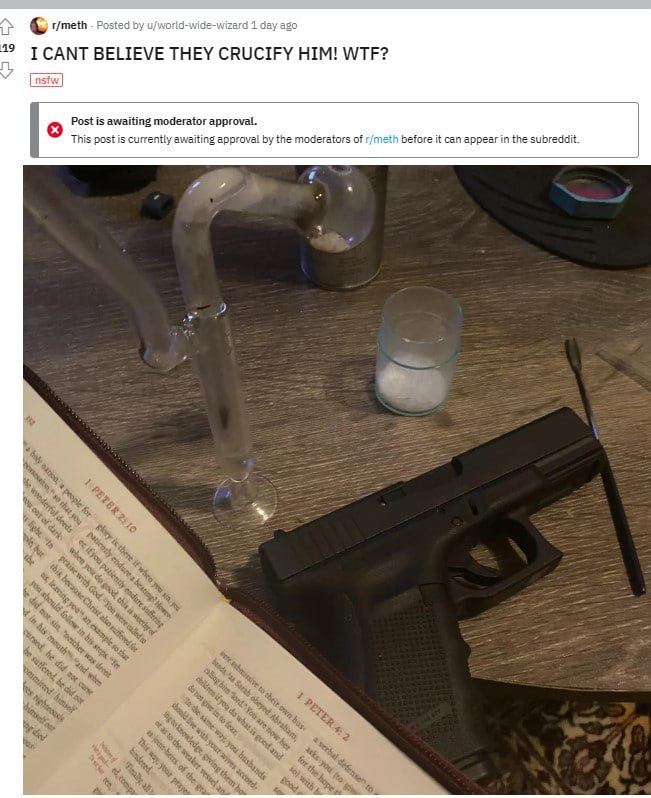 г/те В. Posted 1 day ago 2 ICANT BELIEVE THEY CRUCIFY HIM! WTF? у Post is awaiting moderator approval. This post is currently awaiting approval the maderators of r/meth before it can appear in the sub