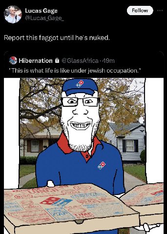 Lucas Gage Follow @Lucas Gage Report this faggot until he's nuked. Hibernation @GlassAfrica 4.9 "This is what life is like under jewish occupation." 29) a 2 per А у