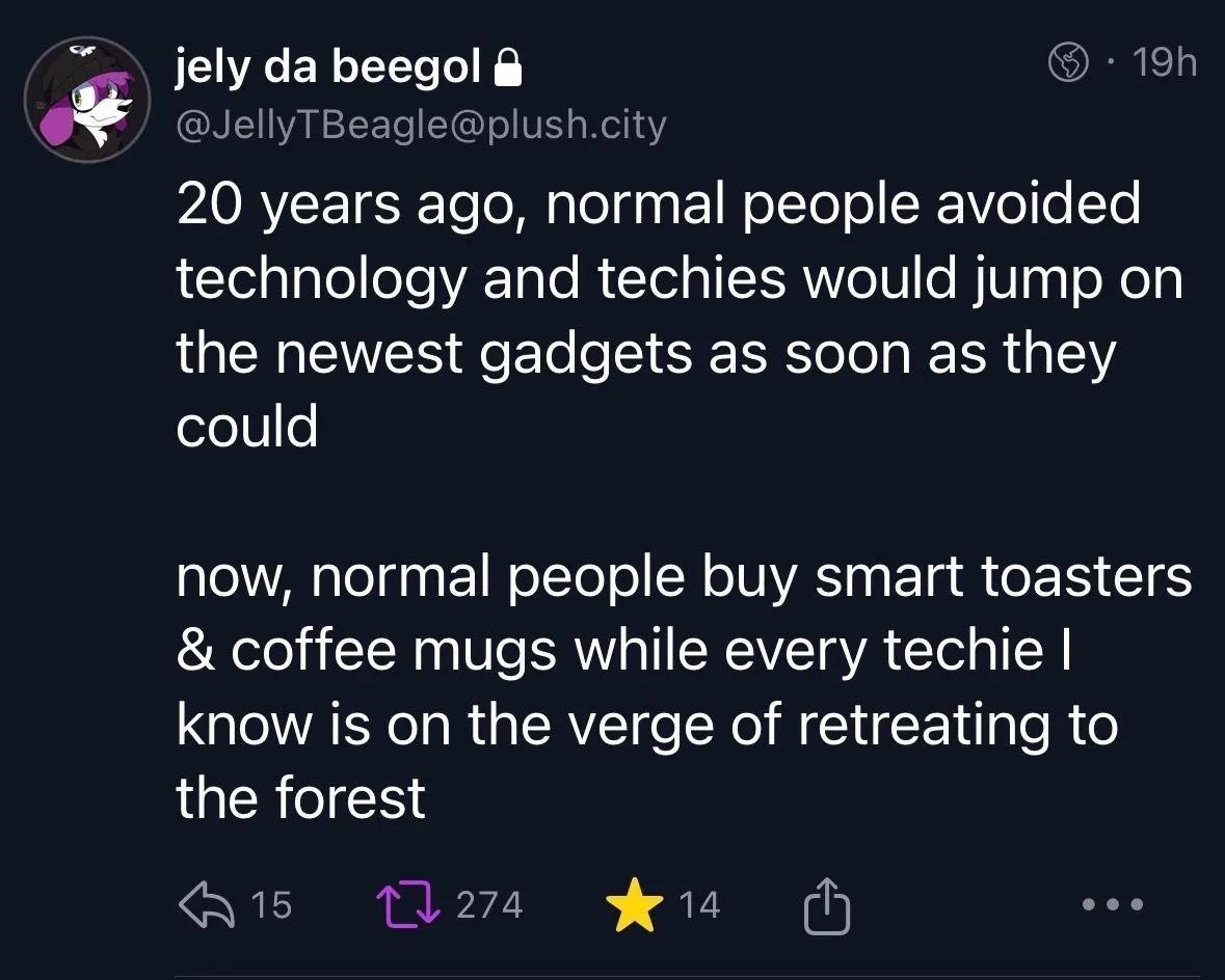 jely да beegol 20 years ago, normal people avoided technology and techies would jump on the newest gadgets as soon as they could now, normal people buy smart toasters coffee mugs while every techie kn