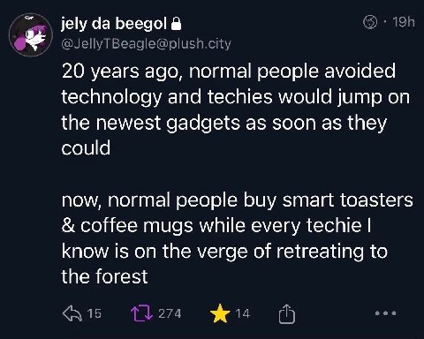 jely да beegol 20 years ago, normal people avoided technology and techies would jump on the newest gadgets as soon as they could now, normal people buy smart toasters coffee mugs while every techie kn