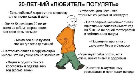 20-ЛЕТНИЙ «ЛЮБИТЕЛЬ ПОГУЛЯТЬ» Усталость для него это Есть любимый маршрут, по которому странный социальный конструкт гуляет почти каждый день Знает ближайшие 20 от На телефоне несколько тысяч однотипн