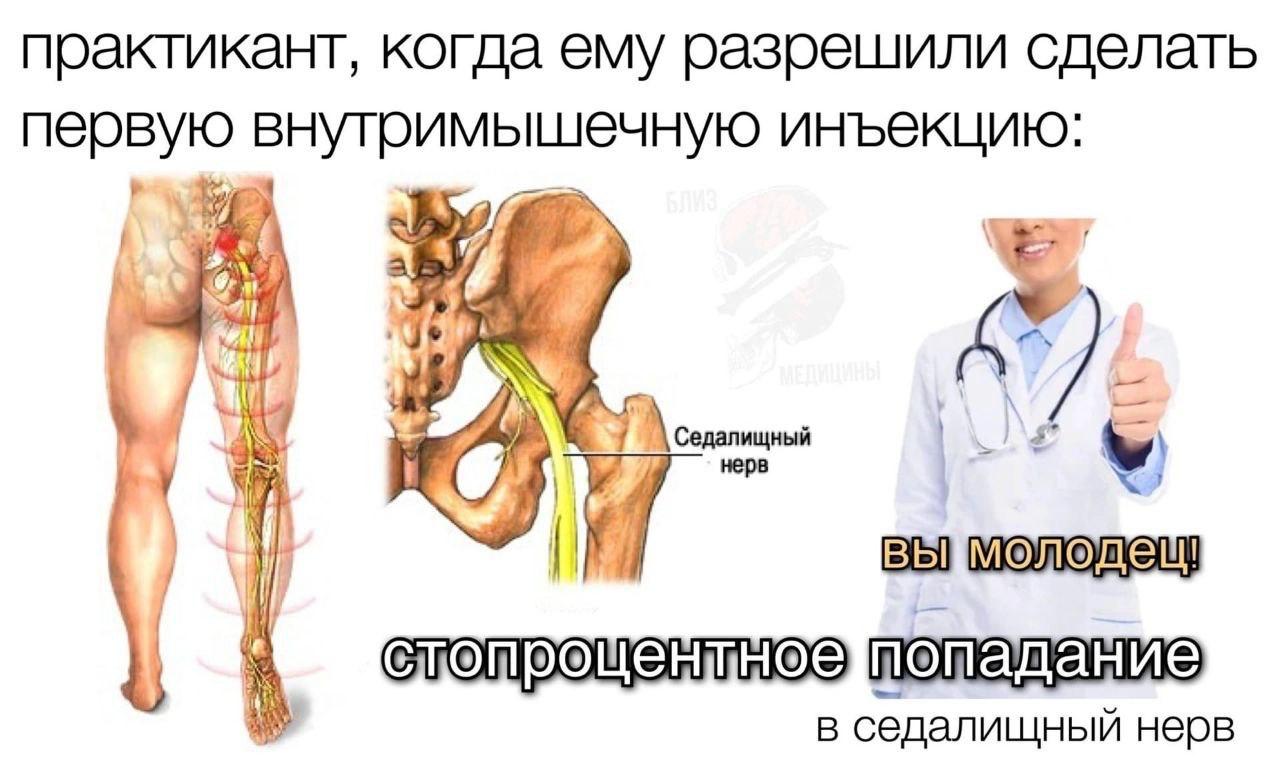 практикант, когда ему разрешили сделать первую внутримышечную инъекцию: 7 4 4 A 3 7 1 RUF ВЫ! в седалищный нерв