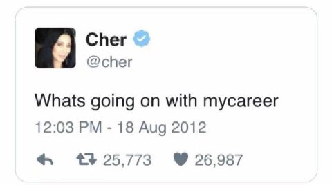 Cher @cher Whats going on with mycareer 12:03 18 Aug 2012 26,987