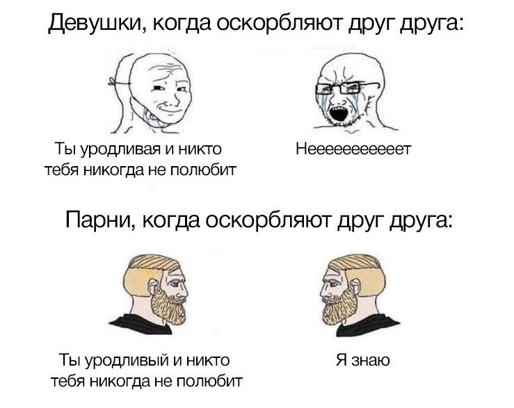 Девушки, когда оскорбляют друг друга a> Ты уродливая и никто тебя никогда не полюбит Парни, когда оскорбляют друг друга: Ты уродливый и никто Я знаю тебя никогда не полюбит