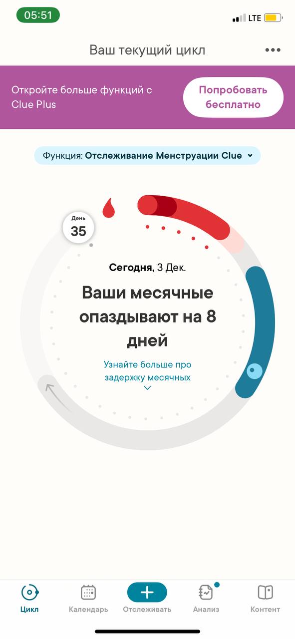 of LTE Ваш текущий цикл Откройте больше функций с Попробовать Clue Plus бесплатно Функция: Отслеживание Менструации Clue День 35 Сегодня, 3 Дек. Ваши месячные опаздывают на 8 дней Узнайте больше про з