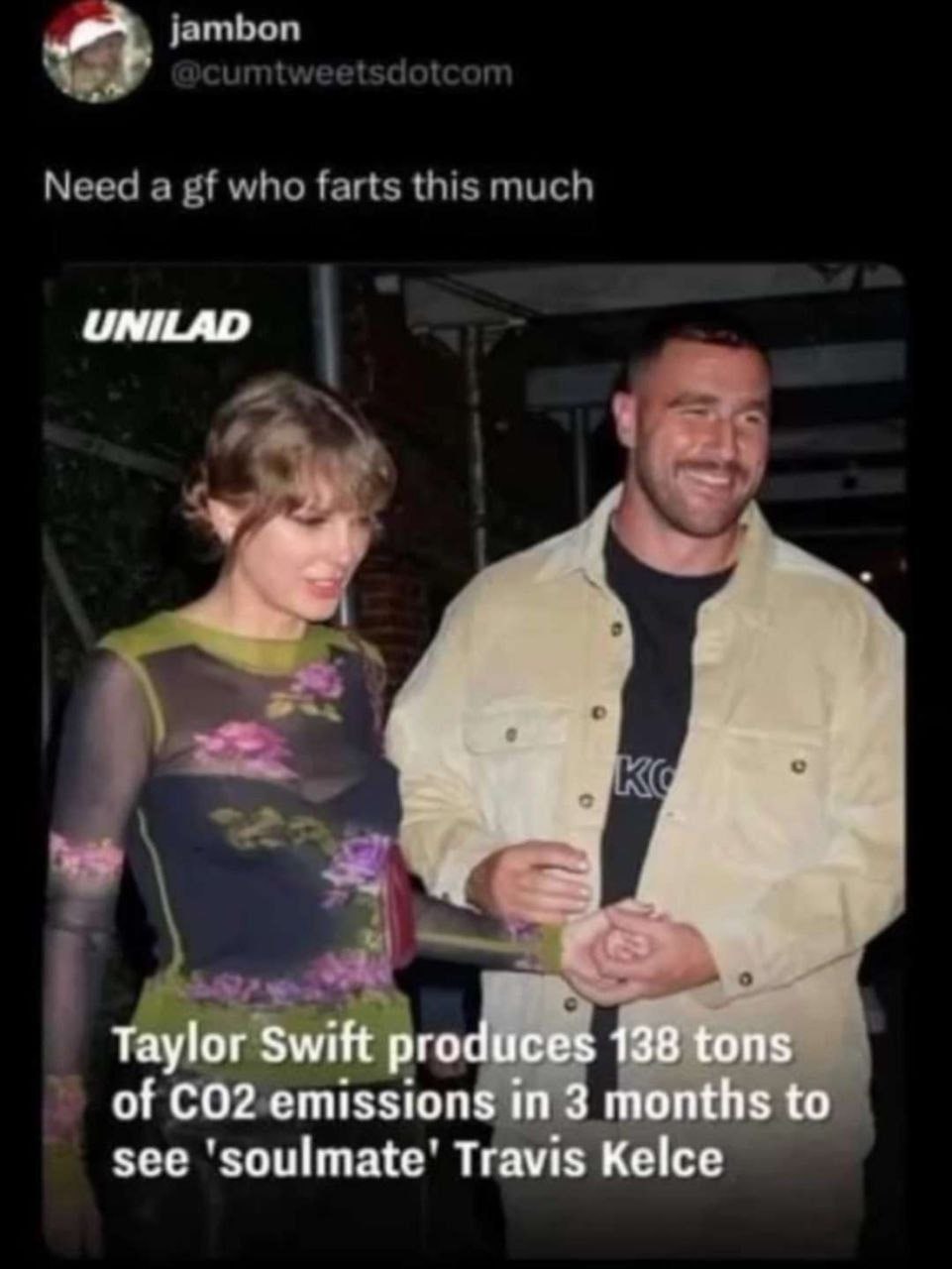UNILAD Taylor Swift produces 138 tons of emissions in 3 months to see ‘soulmate’ Travis Kelce