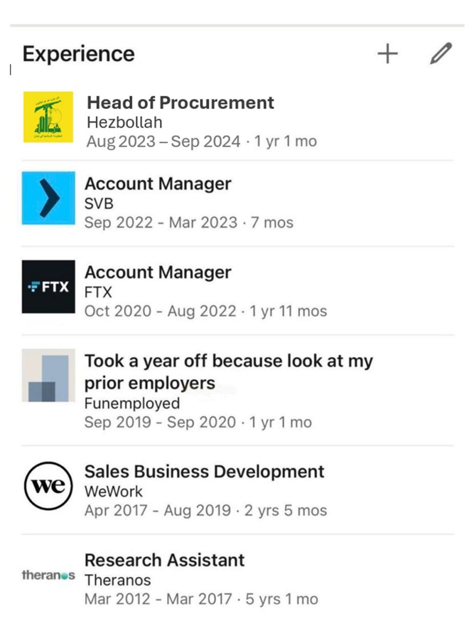 Experience Head of Procurement Hezbollah Aug 2023 Sep 2024 1 Account Manager SVB Sep 2022 Mar 2023 7 mos Account Manager ЕТХ Oct 2020 Aug 2022 1 11 mos Took a year off because look at my prior employe
