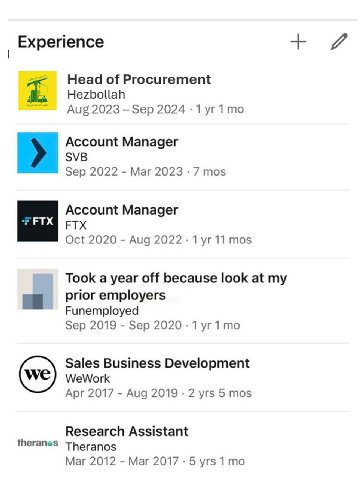 Experience Head of Procurement Hezbollah Aug 2023 Sep 2024 1 Account Manager SVB Sep 2022 Mar 2023 7 mos Account Manager ЕТХ Oct 2020 Aug 2022 1 11 mos Took a year off because look at my prior employe