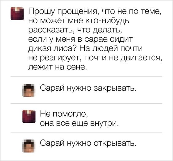 Прошу прощения, что не по теме, но может мне кто-нибудь рассказать, что делать, если у меня в сарае сидит дикая лиса? На людей почти не реагирует, почти не двигается, лежит на сене. Сарай нужно закрыв