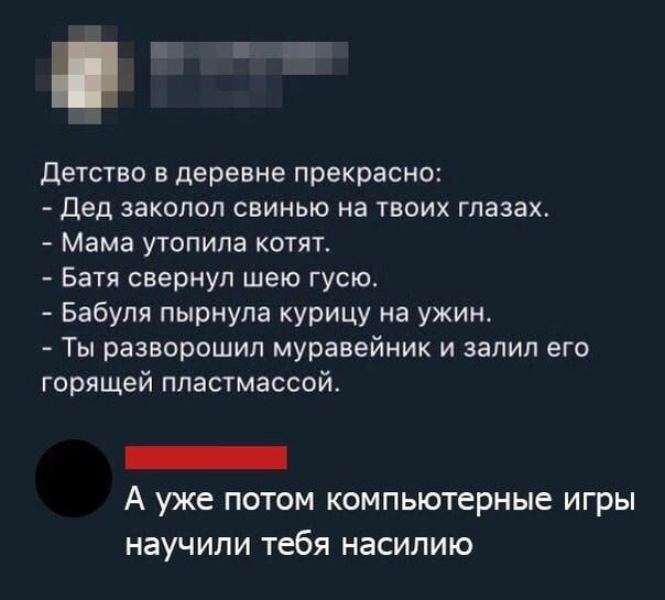 Детство в деревне прекрасно: Дед заколол свинью на твоих глазах. Мама утопила котят. Батя свернул шею гусю. Бабуля пырнула курицу на ужин. Ты разворошил муравейник и залил его горящей пластмассой. А у