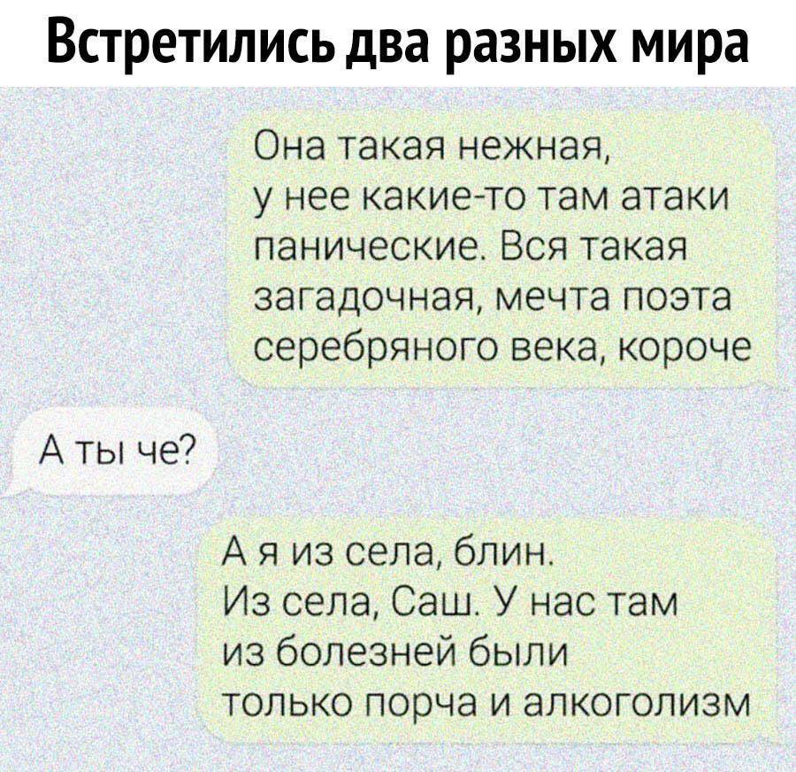 Встретились два разных мира Она такая нежная, у нее какие-то там атаки панические. Вся такая загадочная, мечта поэта серебряного века, короче А ты че? из села, блин. Из села, Саш. У нас там из болезне