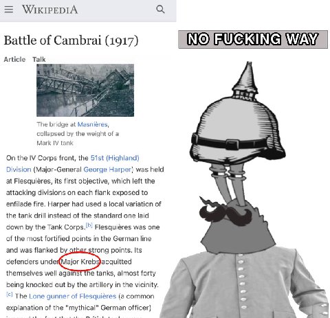 WIKIPEDIA Battle of Cambrai (1917) Article Talk The bridge at Masniéres, collapsed the weight of a Mark tank On the Corps front, the (Highland) Division (Major-General George Harper) was held at its f
