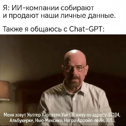 Я: ИИ-компании собирают и продают наши личные данные. Также я общаюсь с Chat-GPT: Меня зовут Уолтер Хартвеля Уайт-Яживупо Альбукерке, Herp лейн, 308.