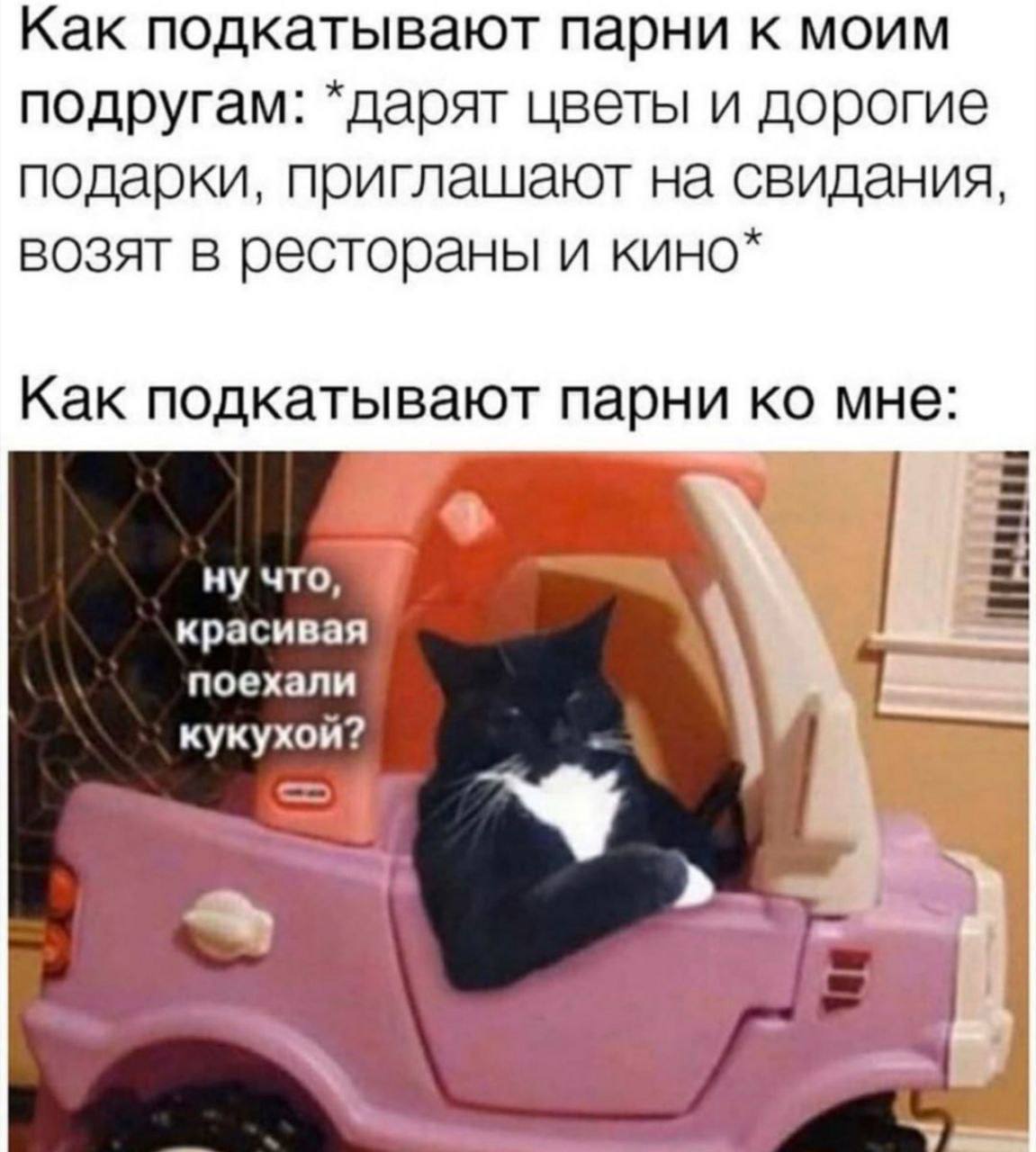 Как подкатывают парни к моим подругам: *дарят цветы и дорогие подарки, приглашают на свидания, возят в рестораны и кино* Как подкатывают парни мне: красивая поехали кукухой?