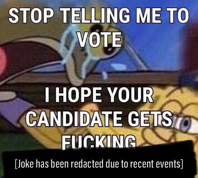 STOP TELLING ME ТО VOTE HOPE YOUR CANDIDATE GETS; FUCKING [Joke has been redacted due to recent