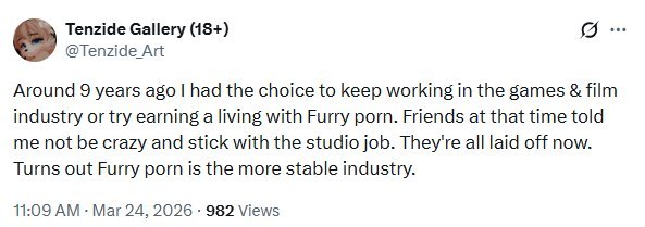 Tenzide Gallery (18+) @Tenzide Art Around 9 years ago had the choice to keep working in the games film industry or try earning a living with Furry porn. Friends at that time told me not be crazy and s