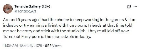 Tenzide Gallery (18+) @Tenzide Art Around 9 years ago had the choice to keep working in the games film industry or try earning a living with Furry porn. Friends at that time told me not be crazy and s