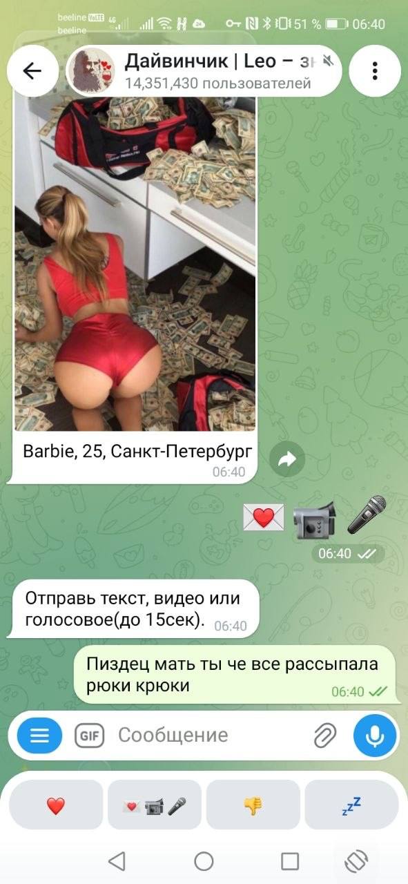 Дайвинчик Leo 14,351,430 пользователей к. 4 4 Barbie, 25, Санкт-Петербург 06:40 06:40 Отправь текст, видео или голосовое(до 15сек). Пиздец мать ты че все рассыпала рюки крюки 06:40 (Gir) Сообщение о О