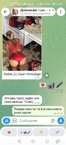 Дайвинчик Leo 14,351,430 пользователей к. 4 4 Barbie, 25, Санкт-Петербург 06:40 06:40 Отправь текст, видео или голосовое(до 15сек). Пиздец мать ты че все рассыпала рюки крюки 06:40 (Gir) Сообщение о О