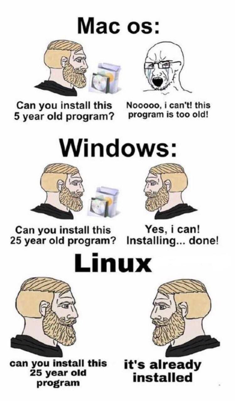 Мас Can you install this №ооооо, i can't! this 5 year old program? program is too old! у lindo Can you install this Yes, i can! 25 year old program? Installing... done! Linux can you install this 25 y