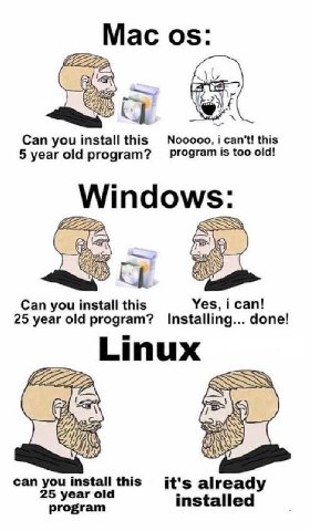 Мас Can you install this №ооооо, i can't! this 5 year old program? program is too old! у lindo Can you install this Yes, i can! 25 year old program? Installing... done! Linux can you install this 25 y