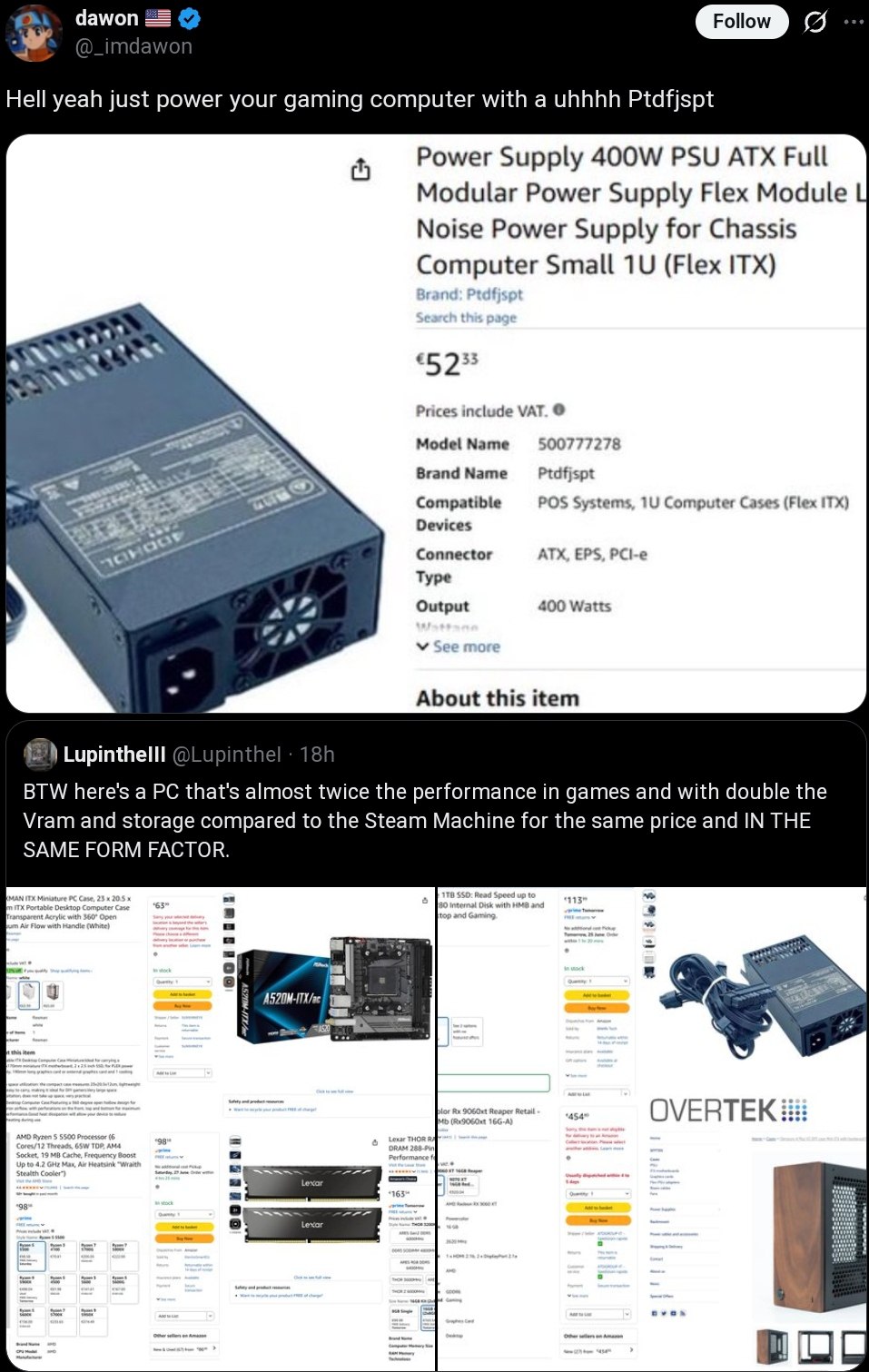dawon Hell yeah just power your gaming computer with a uhhhh Ptdfjspt Power Supply PSU ATX Full Modular Power Supply Flex Module Noise Power Supply for Chassis Computer Small (Flex ITX) So 4 33 52 Pri