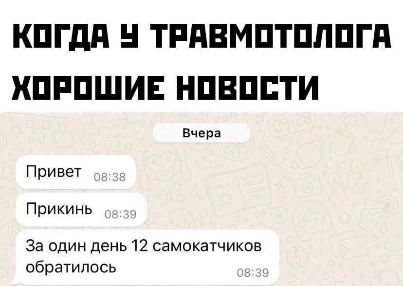 КОГДА 4 ТРАВМОТОЛОГА НОВОСТИ Вчера Привет Прикинь За один день 12 самокатчиков обратилось