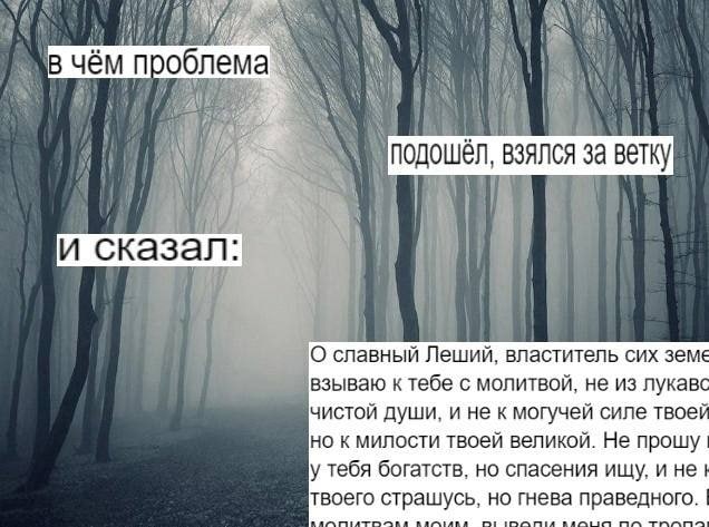 в чём проблема\ 4 подошел, взялся За ветку и сказал: 8 О славный Леший, властитель сих земе взываю с молитвой, не из лукавс чистой души, и не к могучей силе твоей но к милости твоей Не прошу у тебя бо