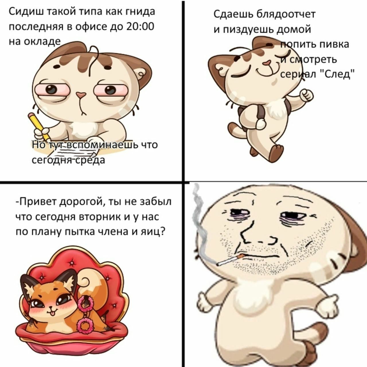 Сидиш такой типа как гнида Сдаешь блядоотчет последняя в офисе до 20:00 и пиздуешь домой на окладе опить пивка смотреть cep "След we что сегод 6 -Привет дорогой, ты не забыл что сегодня вторник нас по