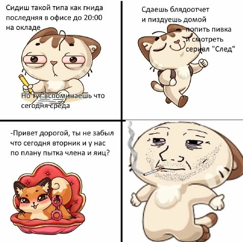 Сидиш такой типа как гнида Сдаешь блядоотчет последняя в офисе до 20:00 и пиздуешь домой на окладе опить пивка смотреть cep "След we что сегод 6 -Привет дорогой, ты не забыл что сегодня вторник нас по