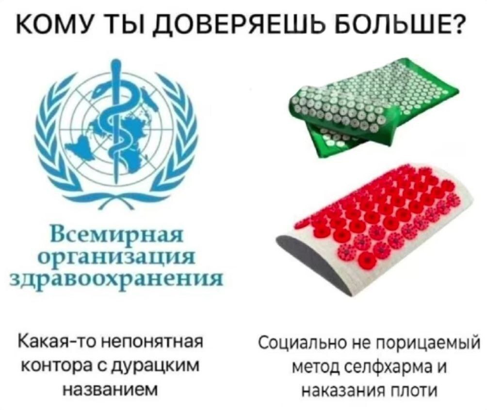 КОМУ ТЫ ДОВЕРЯЕШЬ БОЛЬШЕ? 33 Всемирная организация здравоохранения Какая-то непонятная Социально не порицаемый контора с дурацким метод селфхарма и названием наказания плоти