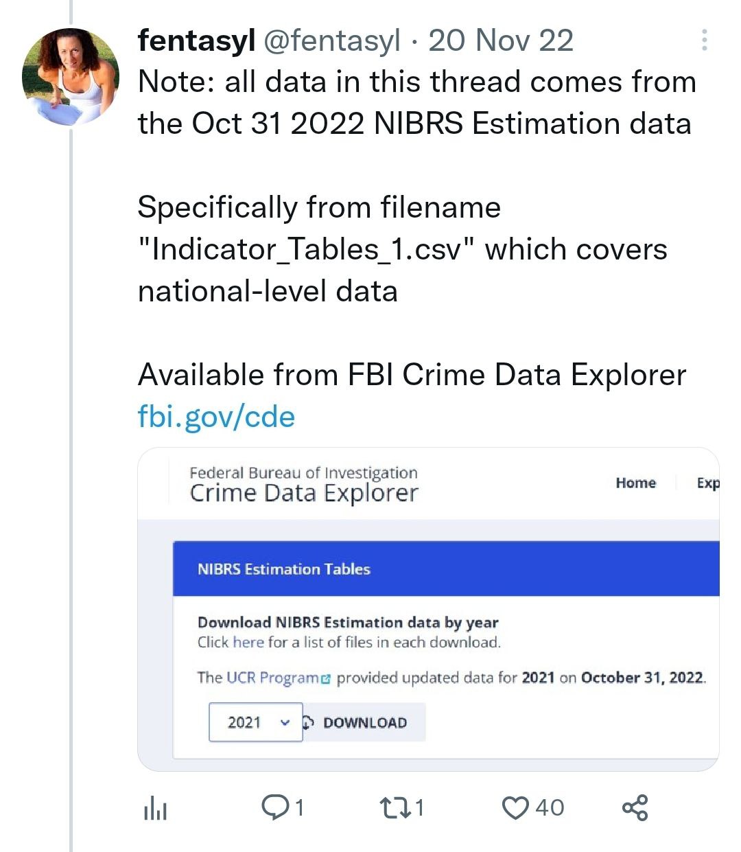 fentasyl @fentasyl 20 Nov 22 Note: all data in this thread comes from the Oct 31 2022 NIBRS Estimation data Specifically from filename which covers national-level data Available from FBI Crime Data Ex
