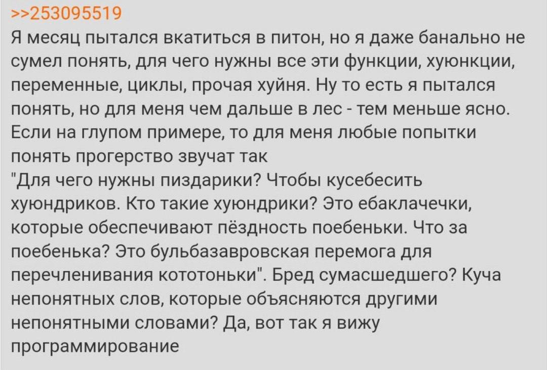 >>253095519 Я месяц пытался вкатиться в питон, но я даже банально не сумел понять, для чего нужны все эти функции, хуюнкции, переменные, циклы, прочая хуйня. Ну то есть я пытался понять, но для меня ч