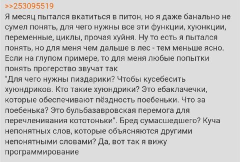 >>253095519 Я месяц пытался вкатиться в питон, но я даже банально не сумел понять, для чего нужны все эти функции, хуюнкции, переменные, циклы, прочая хуйня. Ну то есть я пытался понять, но для меня ч