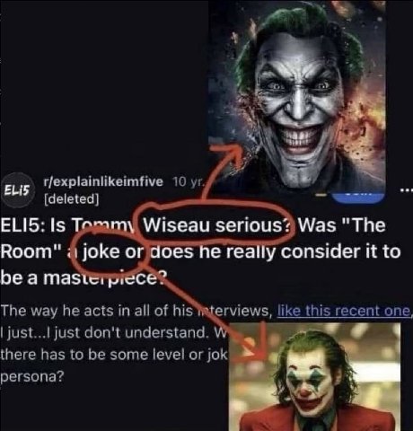 r/explainlikeimfive 10 [deleted] ELI5: 1$ Temamy Wiseau serious? Was "The Room" joke orf he really consider it to be a masterpiece? The way he acts in all of his like this recent one, just don't under